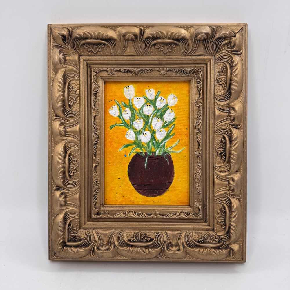 Original Floral Still Life Painting White Tulips in Gold Ornate Frame